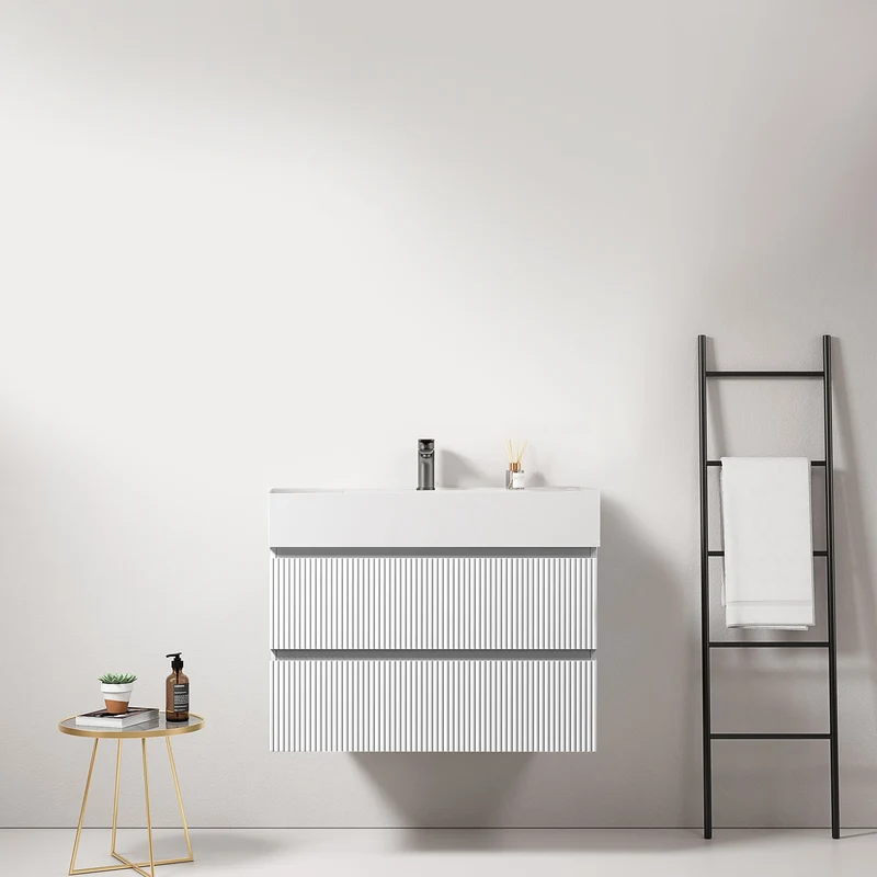 Mobile bagno sospeso cannettato 80 cm Bianco Lavabo in Resina Senza Specchio - Fiji Paint