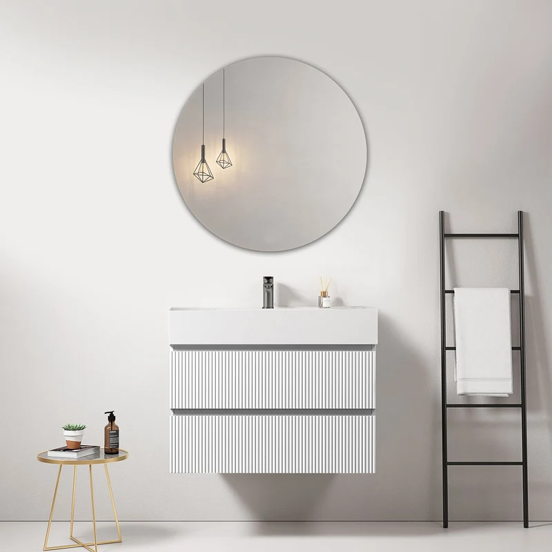 Mobile bagno sospeso cannettato 80 cm Bianco Lavabo in Resina Specchio Tondo - Fiji Paint