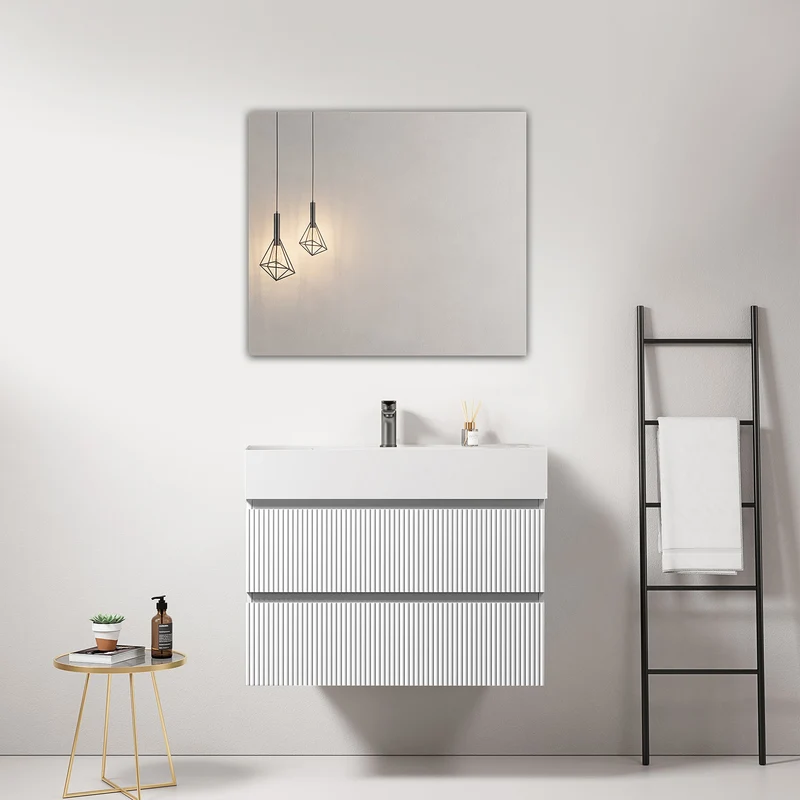 Mobile bagno sospeso cannettato 80 cm Bianco Lavabo in Resina Specchio Quadro - Fiji Paint