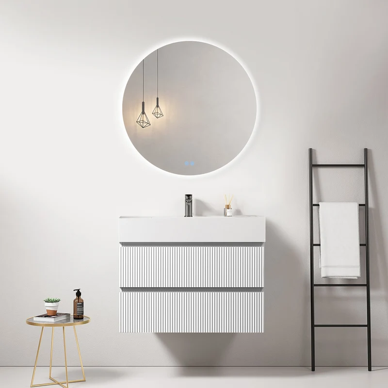 Mobile bagno sospeso cannettato 80 cm Bianco Lavabo in Resina Specchio Tondo Retroilluminato - Fiji Paint