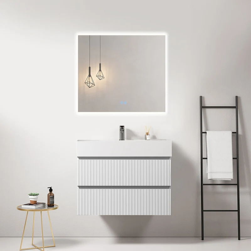 Mobile bagno sospeso cannettato 80 cm Bianco Lavabo in Resina Specchio Quadro Retroilluminato - Fiji Paint