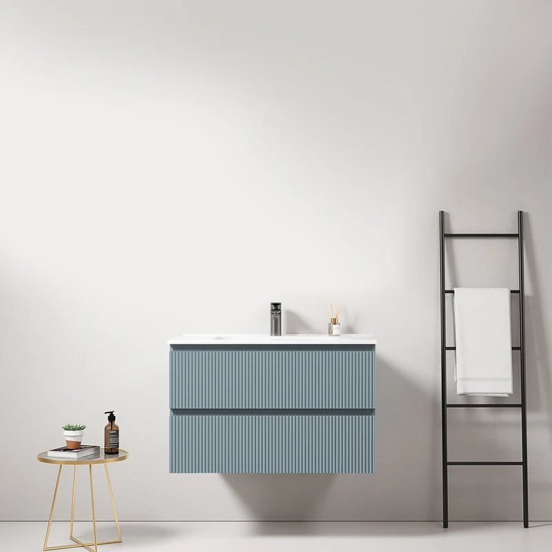 Mobile bagno sospeso cannettato 80 cm Blu Avio Lavabo in Ceramica Senza Specchio - Fiji Paint