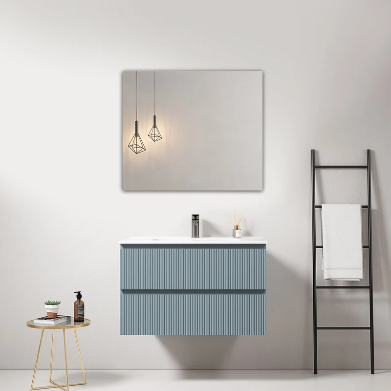 Mobile bagno sospeso cannettato 80 cm Blu Avio Lavabo in Ceramica Specchio Quadro - Fiji Paint