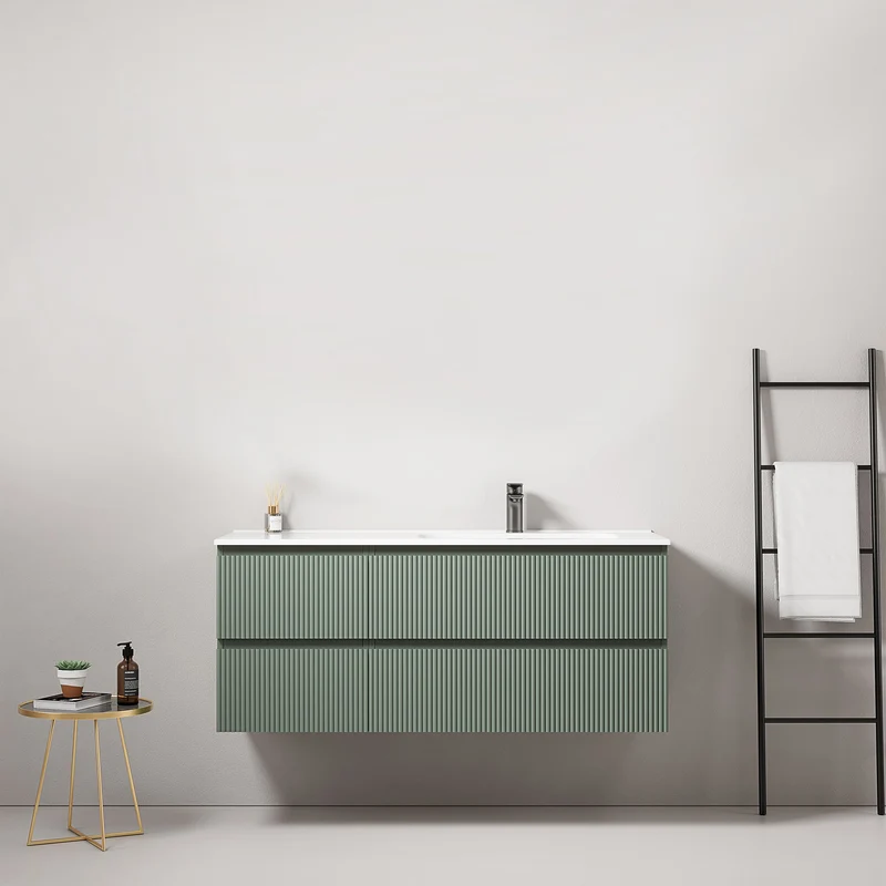 Mobile bagno sospeso cannettato 120 cm Verde Salvia Lavabo a Destra in Ceramica Senza Specchio - Fiji Paint