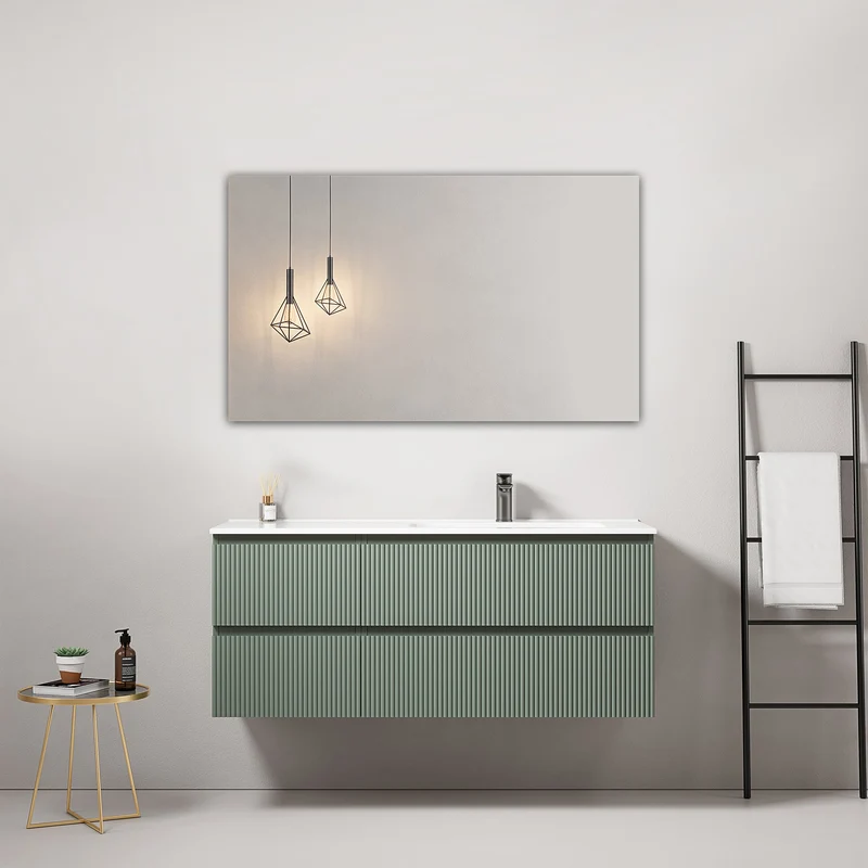 Mobile bagno sospeso cannettato 120 cm Verde Salvia Lavabo a Destra in Ceramica Specchio Quadro - Fiji Paint