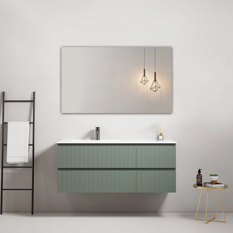 Mobile bagno sospeso cannettato 120 cm Verde Salvia Lavabo a Sinistra in Ceramica Specchio Quadro - Fiji Paint