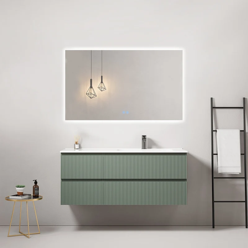 Mobile bagno sospeso cannettato 120 cm Verde Salvia Lavabo a Destra in Ceramica Specchio Quadro Retroilluminato - Fiji Paint