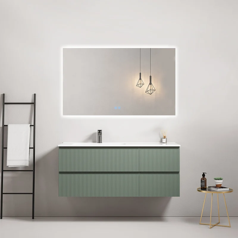 Mobile bagno sospeso cannettato 120 cm Verde Salvia Lavabo a Sinistra in Ceramica Specchio Quadro Retroilluminato - Fiji Paint