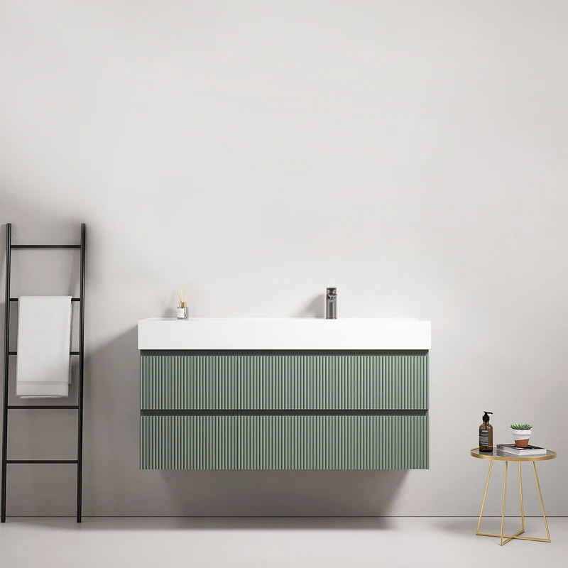 Mobile bagno sospeso cannettato 120 cm Verde Salvia Lavabo a Destra in Resina Senza Specchio - Fiji Paint