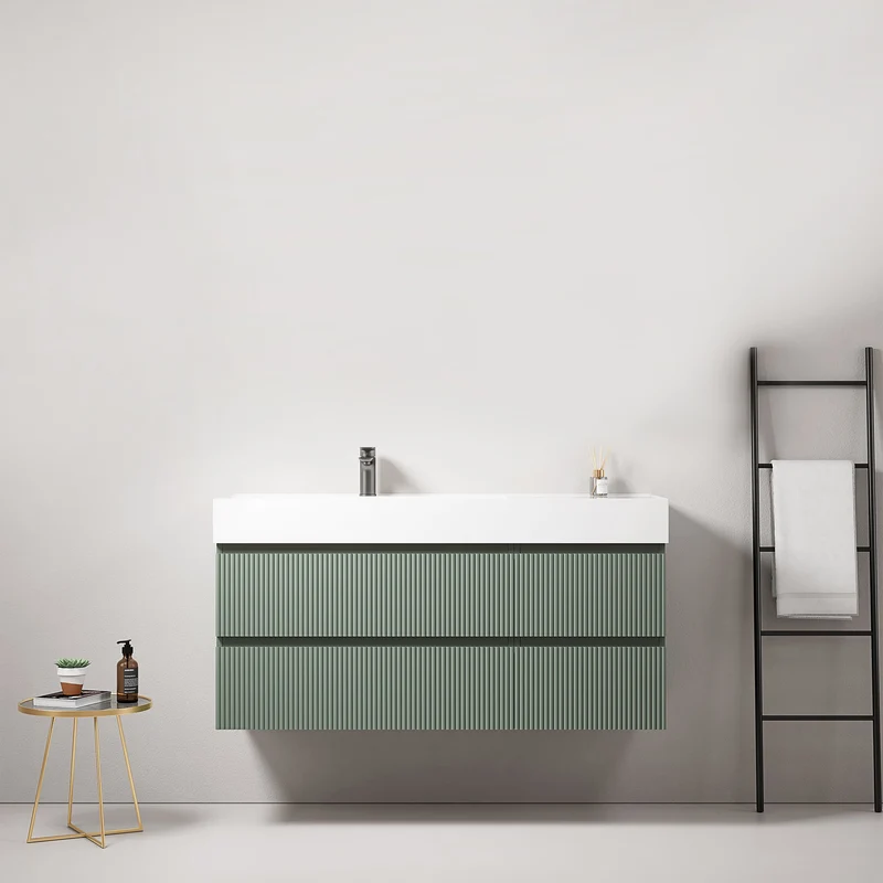 Mobile bagno sospeso cannettato 120 cm Verde Salvia Lavabo a Sinistra in Resina Senza Specchio - Fiji Paint