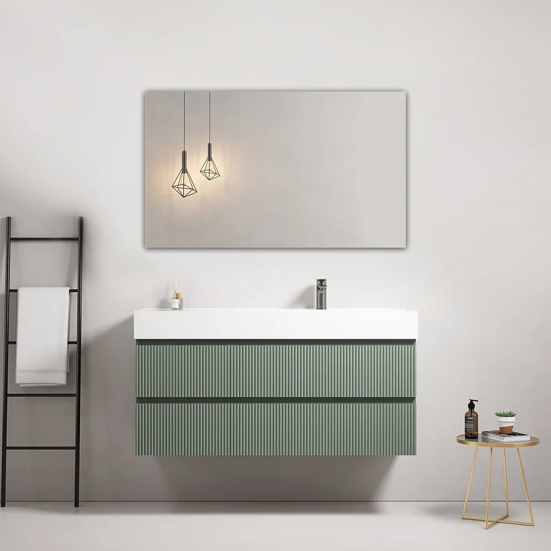 Mobile bagno sospeso cannettato 120 cm Verde Salvia Lavabo a Destra in Resina Specchio Quadro - Fiji Paint