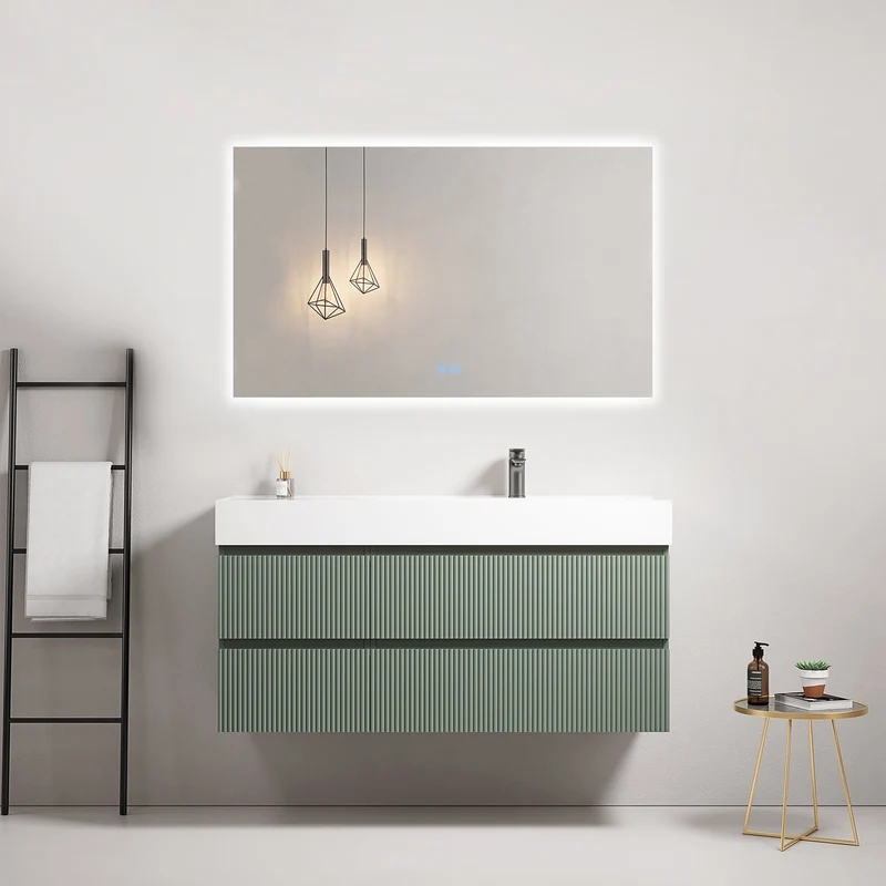 Mobile bagno sospeso cannettato 120 cm Verde Salvia Lavabo a Destra in Resina Specchio Quadro Retroilluminato - Fiji Paint