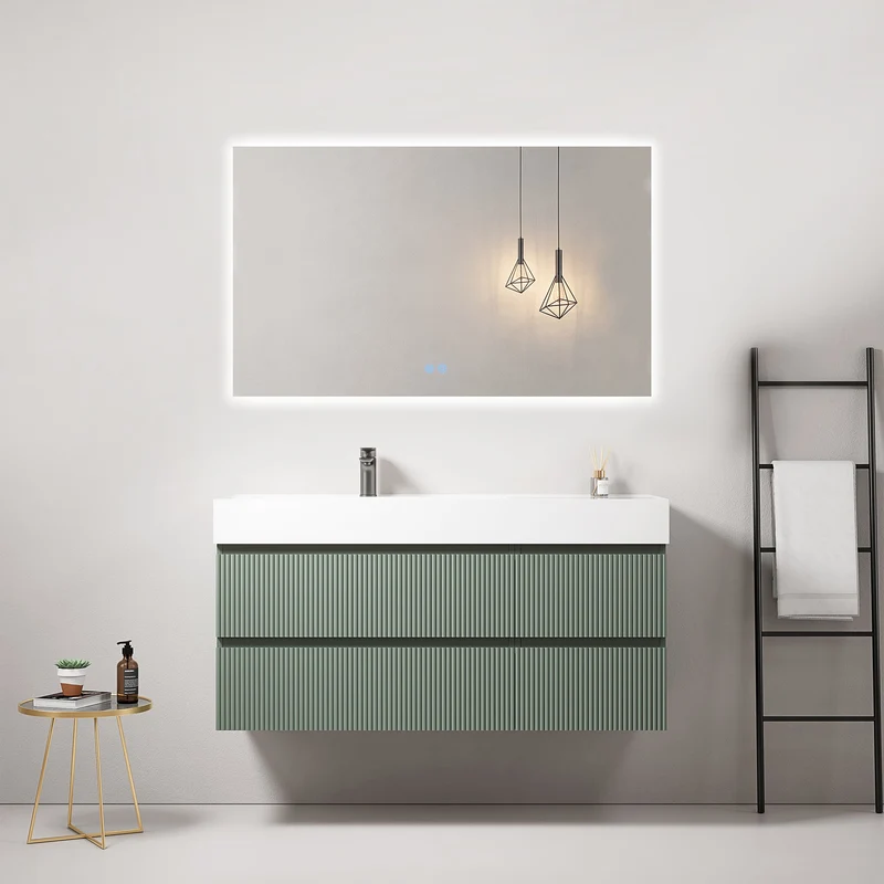 Mobile bagno sospeso cannettato 120 cm Verde Salvia Lavabo a Sinistra in Resina Specchio Quadro Retroilluminato - Fiji Paint
