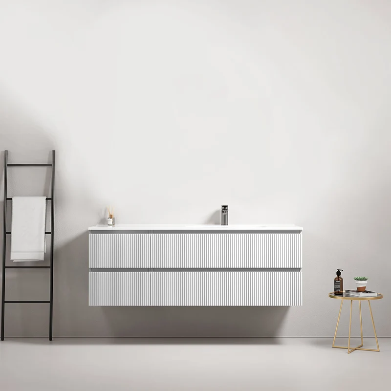 Mobile bagno sospeso cannettato 140 cm Bianco Lavabo a Destra in Resina Senza Specchio - Fiji Paint