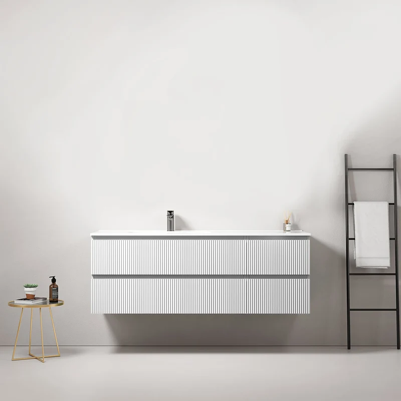 Mobile bagno sospeso cannettato 140 cm Bianco Lavabo a Sinistra in Resina Senza Specchio - Fiji Paint