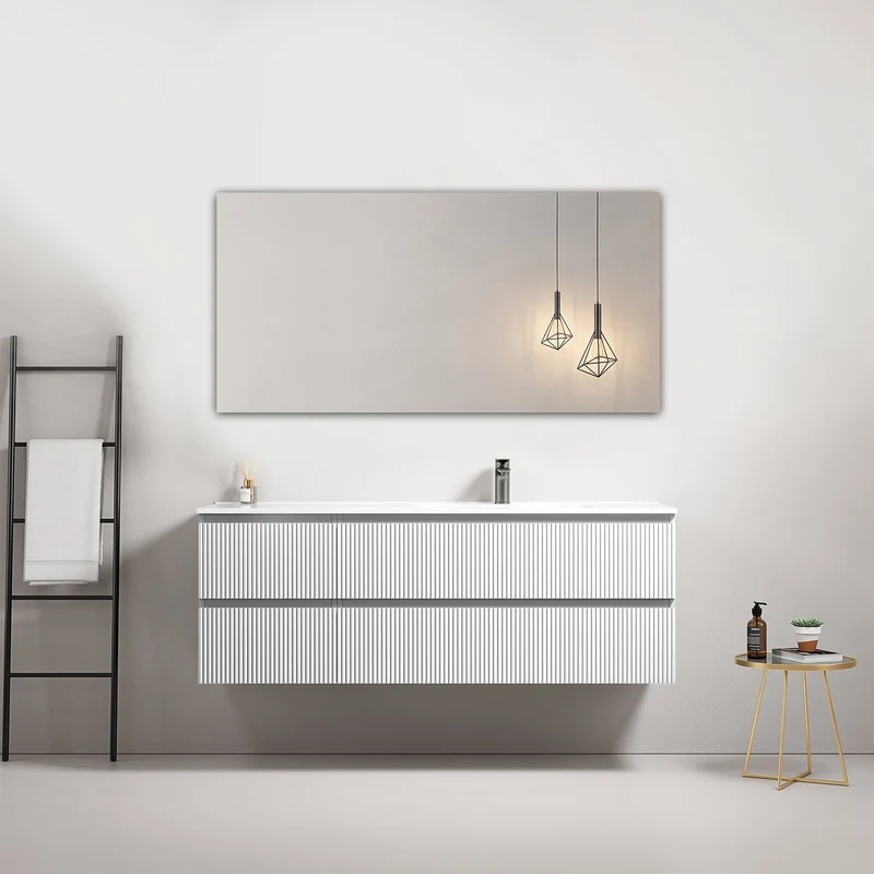Mobile bagno sospeso cannettato 140 cm Bianco Lavabo a Destra in Resina Specchio Quadro - Fiji Paint
