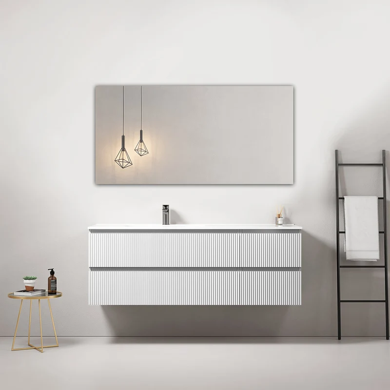 Mobile bagno sospeso cannettato 140 cm Bianco Lavabo a Sinistra in Resina Specchio Quadro - Fiji Paint