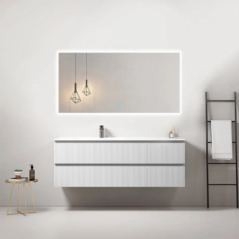 Mobile bagno sospeso cannettato 140 cm Bianco Lavabo a Sinistra in Resina Specchio Quadro Retroilluminato - Fiji Paint