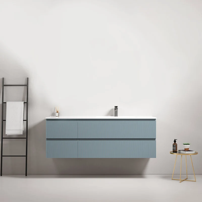 Mobile bagno sospeso cannettato 140 cm Blu Avio Lavabo a Destra in Resina Senza Specchio - Fiji Paint