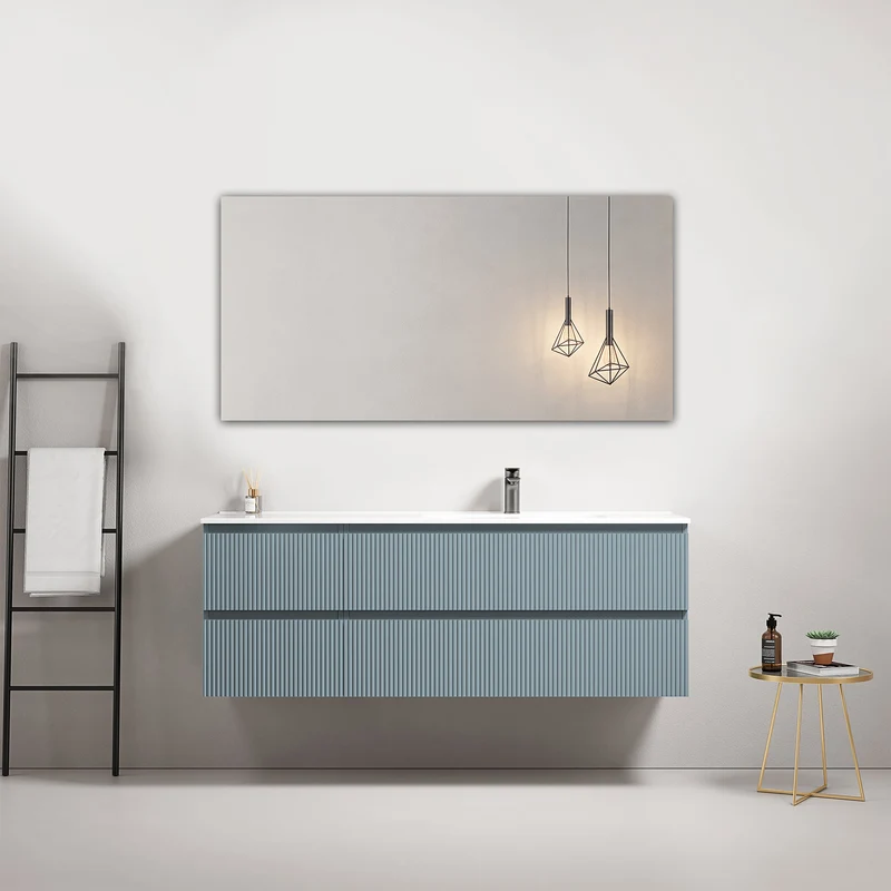 Mobile bagno sospeso cannettato 140 cm Blu Avio Lavabo a Destra in Resina Specchio Quadro - Fiji Paint