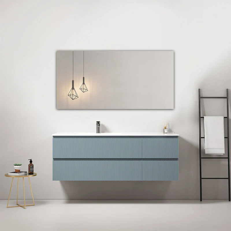 Mobile bagno sospeso cannettato 140 cm Blu Avio Lavabo a Sinistra in Resina Specchio Quadro - Fiji Paint