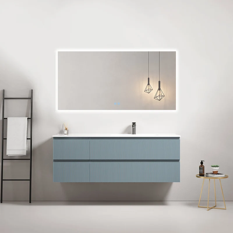 Mobile bagno sospeso cannettato 140 cm Blu Avio Lavabo a Destra in Resina Specchio Quadro Retroilluminato - Fiji Paint