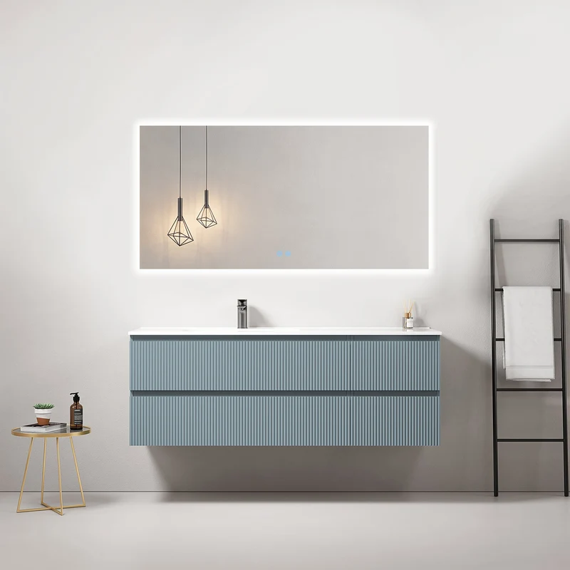 Mobile bagno sospeso cannettato 140 cm Blu Avio Lavabo a Sinistra in Resina Specchio Quadro Retroilluminato - Fiji Paint