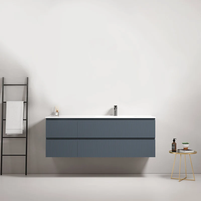 Mobile bagno sospeso cannettato 140 cm Blu Mare Lavabo a Destra in Resina Senza Specchio - Fiji Paint