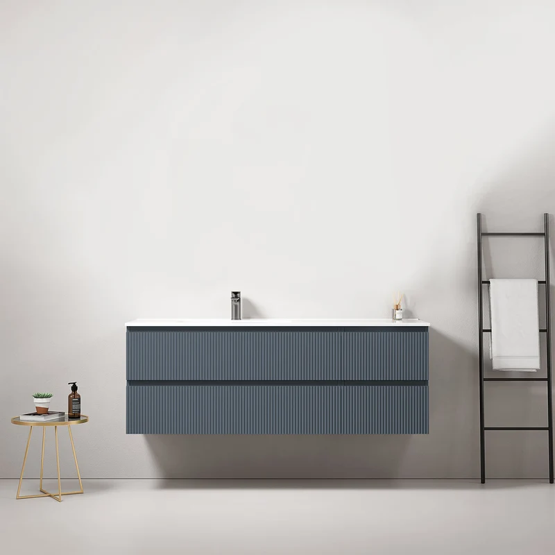 Mobile bagno sospeso cannettato 140 cm Blu Mare Lavabo a Sinistra in Resina Senza Specchio - Fiji Paint