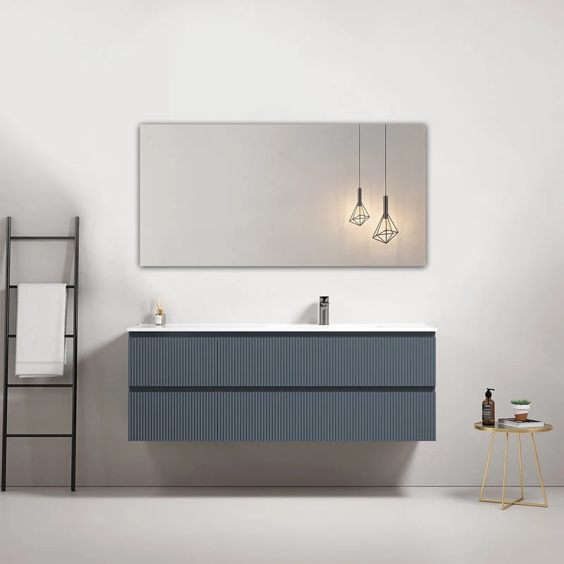 Mobile bagno sospeso cannettato 140 cm Blu Mare Lavabo a Destra in Resina Specchio Quadro - Fiji Paint