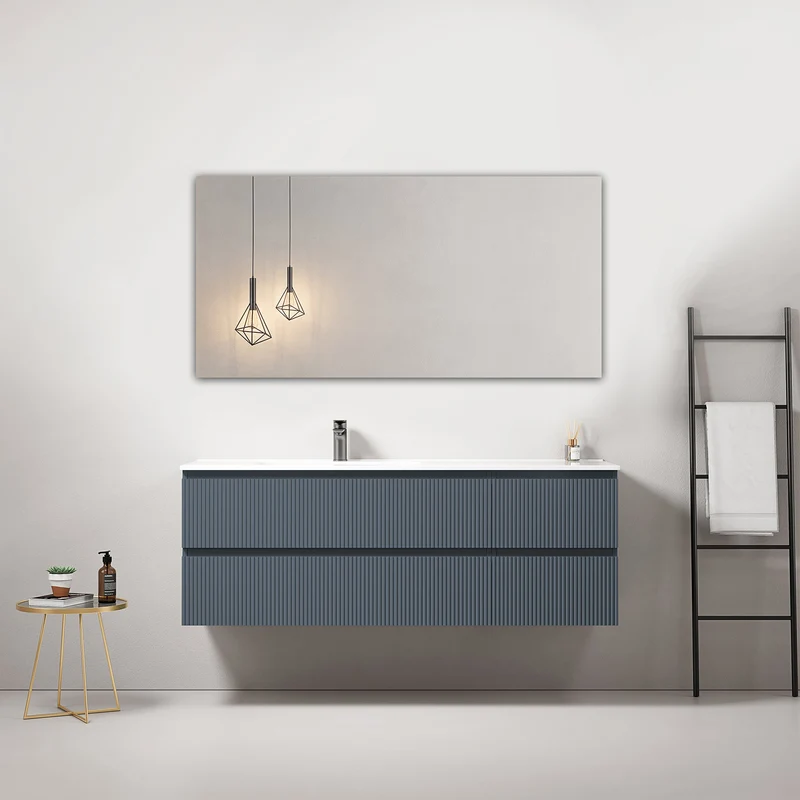 Mobile bagno sospeso cannettato 140 cm Blu Mare Lavabo a Sinistra in Resina Specchio Quadro - Fiji Paint