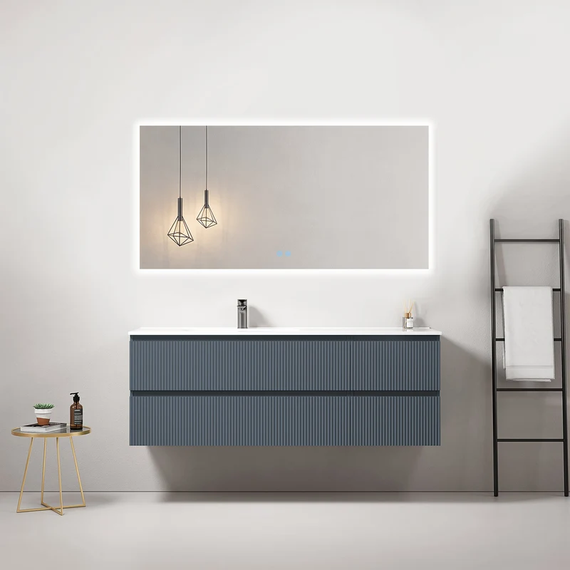 Mobile bagno sospeso cannettato 140 cm Blu Mare Lavabo a Sinistra in Resina Specchio Quadro Retroilluminato - Fiji Paint