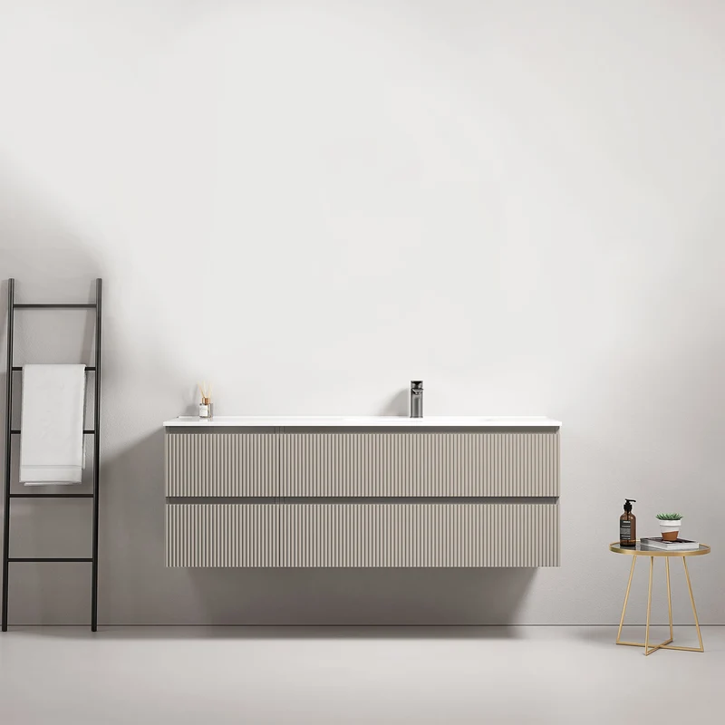 Mobile bagno sospeso cannettato 140 cm Grigio Cenere Lavabo a Destra in Resina Senza Specchio - Fiji Paint