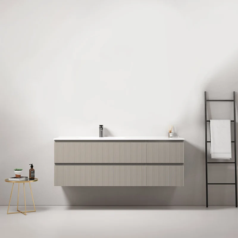 Mobile bagno sospeso cannettato 140 cm Grigio Cenere Lavabo a Sinistra in Resina Senza Specchio - Fiji Paint