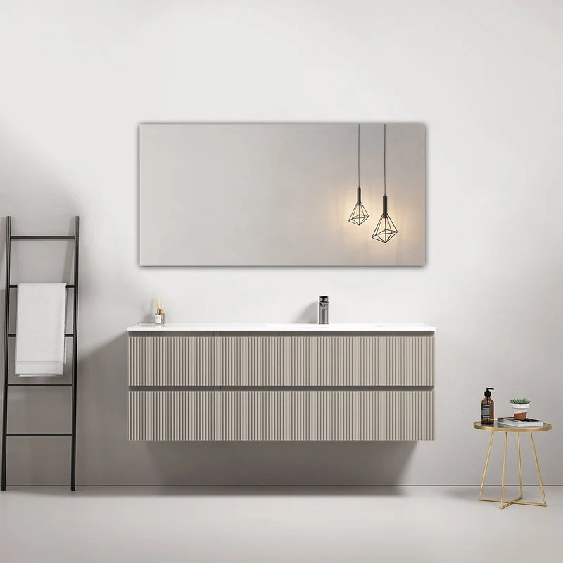 Mobile bagno sospeso cannettato 140 cm Grigio Cenere Lavabo a Destra in Resina Specchio Quadro - Fiji Paint