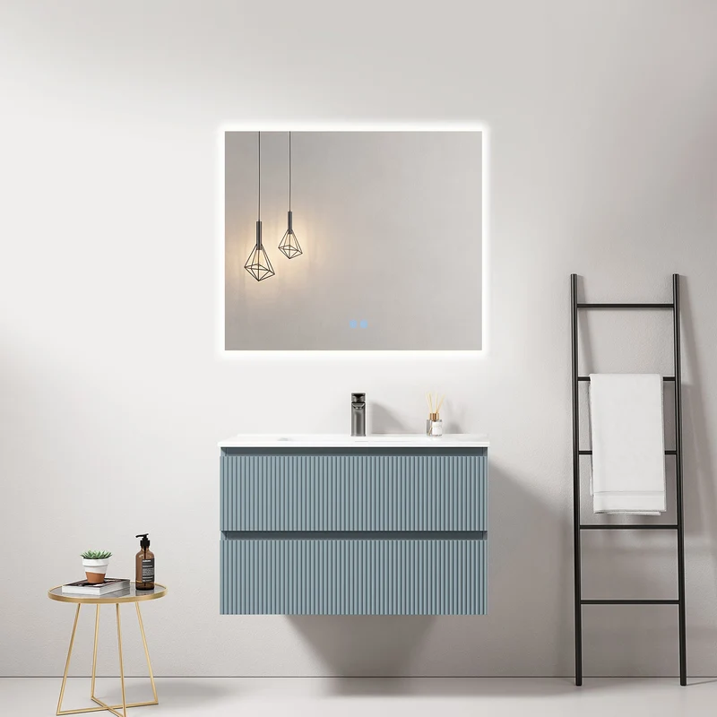 Mobile bagno sospeso cannettato 80 cm Blu Avio Lavabo in Ceramica Specchio Quadro Retroilluminato - Fiji Paint