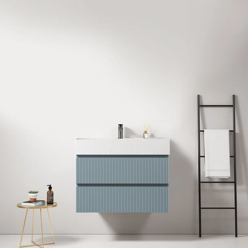 Mobile bagno sospeso cannettato 80 cm Blu Avio Lavabo in Resina Senza Specchio - Fiji Paint