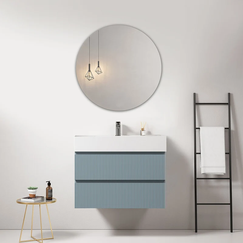 Mobile bagno sospeso cannettato 80 cm Blu Avio Lavabo in Resina Specchio Tondo - Fiji Paint