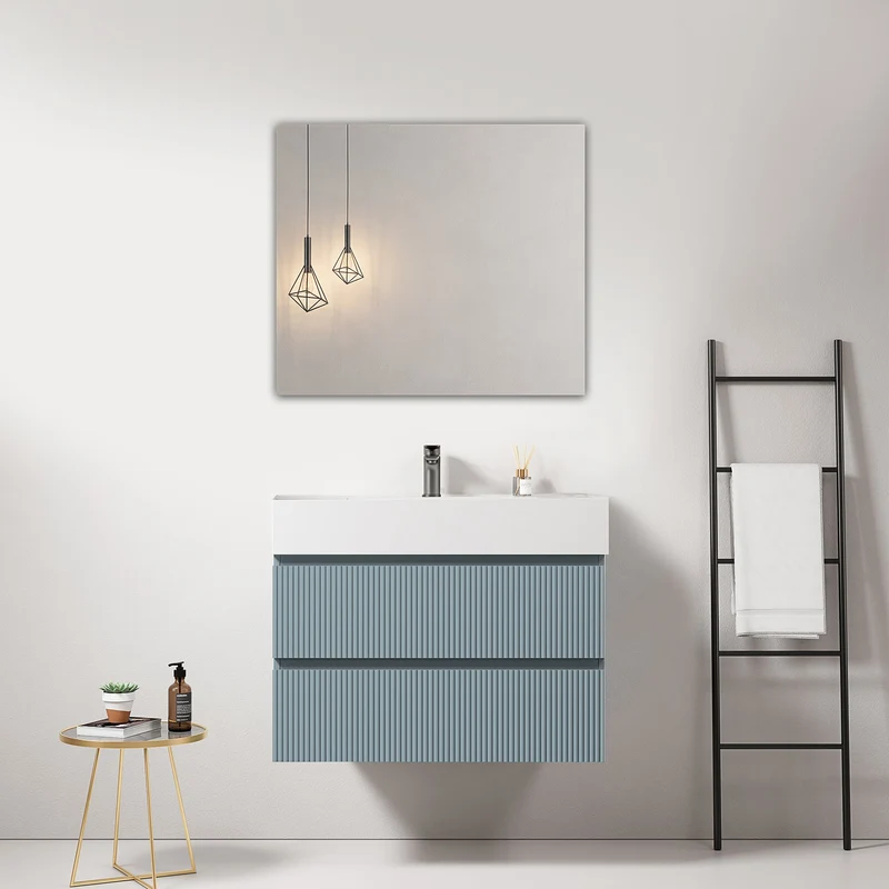 Mobile bagno sospeso cannettato 80 cm Blu Avio Lavabo in Resina Specchio Quadro - Fiji Paint