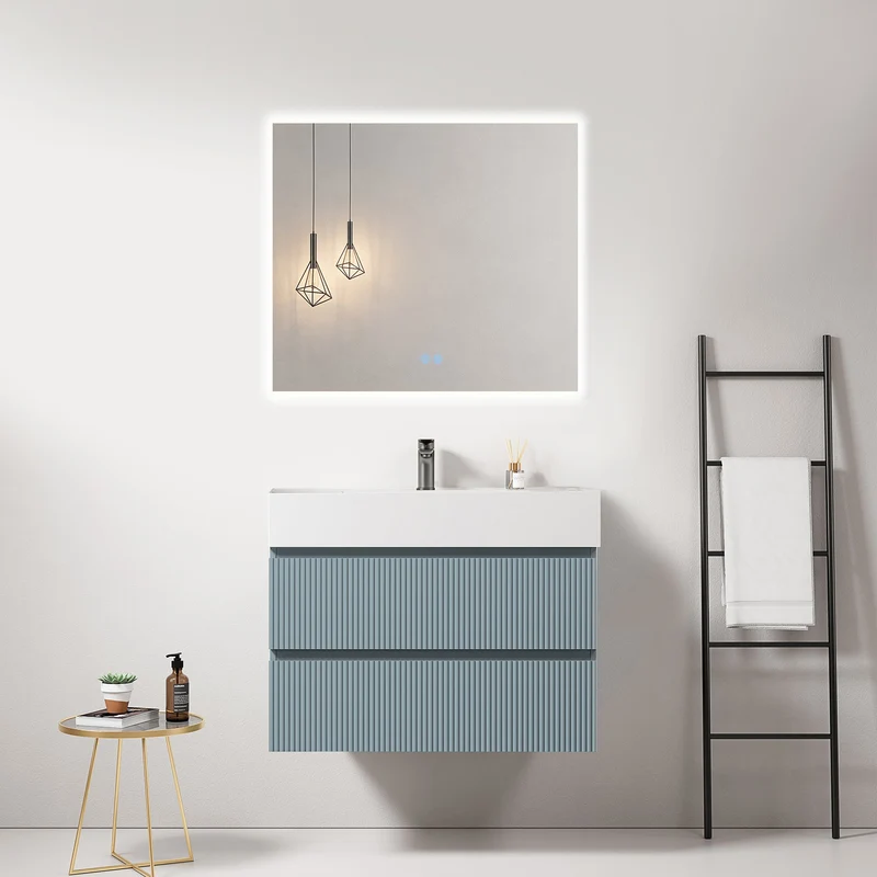 Mobile bagno sospeso cannettato 80 cm Blu Avio Lavabo in Resina Specchio Quadro Retroilluminato - Fiji Paint