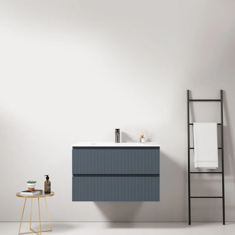 Mobile bagno sospeso cannettato 80 cm Blu Mare Lavabo in Ceramica Senza Specchio - Fiji Paint