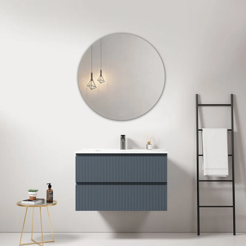 Mobile bagno sospeso cannettato 80 cm Blu Mare Lavabo in Ceramica Specchio Tondo - Fiji Paint