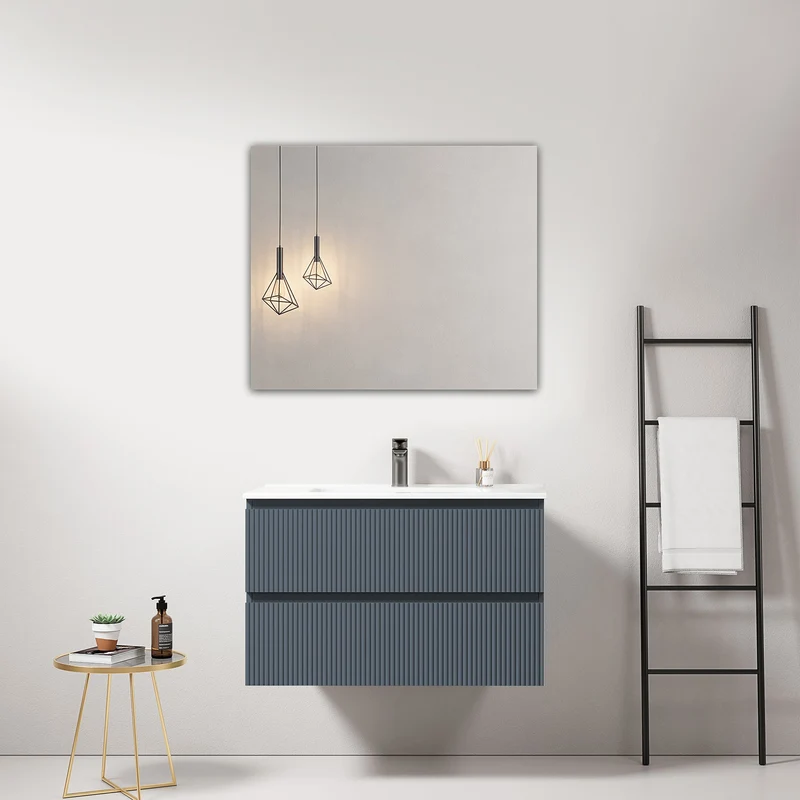 Mobile bagno sospeso cannettato 80 cm Blu Mare Lavabo in Ceramica Specchio Quadro - Fiji Paint