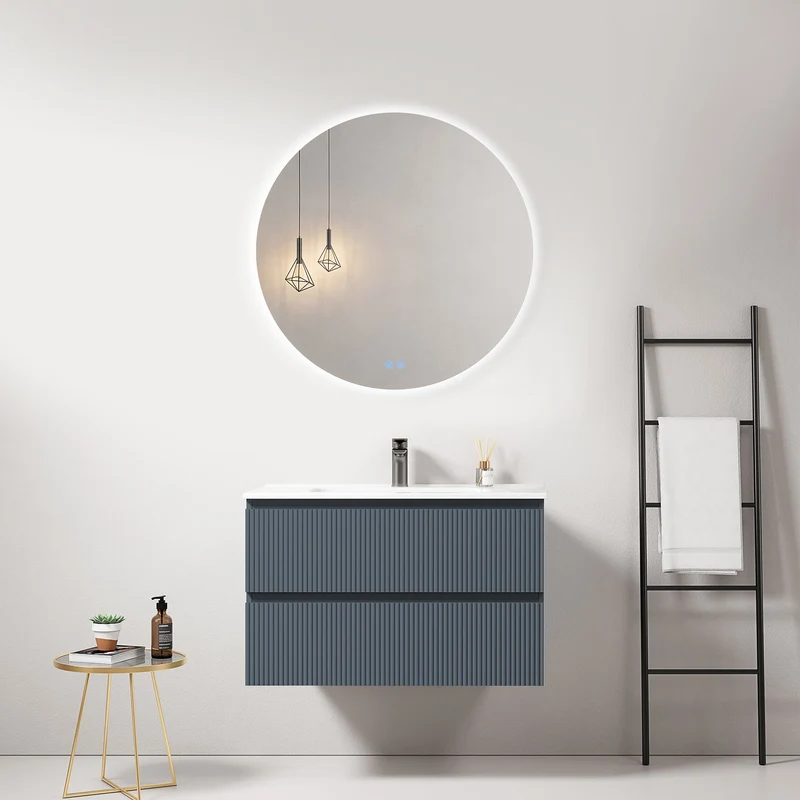 Mobile bagno sospeso cannettato 80 cm Blu Mare Lavabo in Ceramica Specchio Tondo Retroilluminato - Fiji Paint