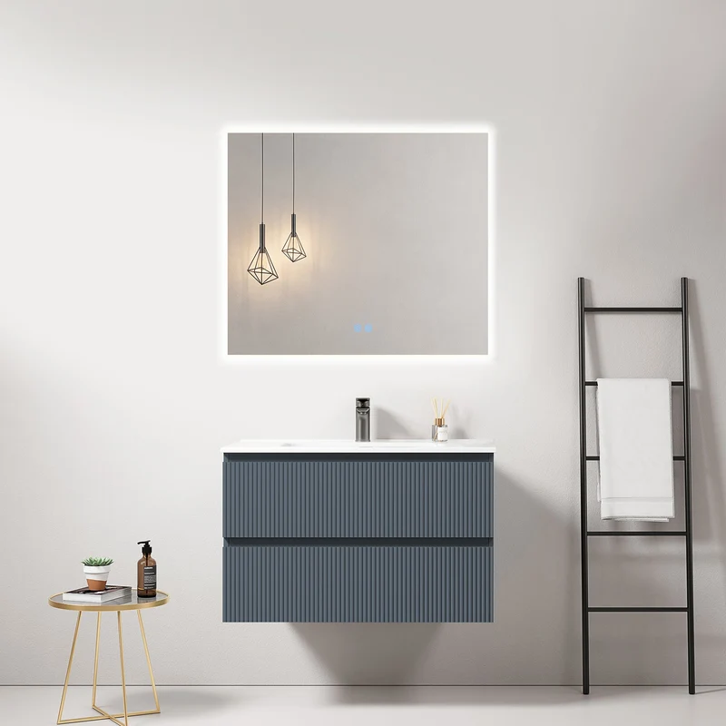 Mobile bagno sospeso cannettato 80 cm Blu Mare Lavabo in Ceramica Specchio Quadro Retroilluminato - Fiji Paint