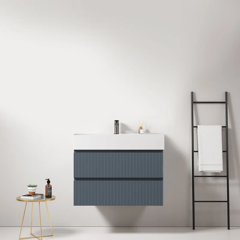 Mobile bagno sospeso cannettato 80 cm Blu Mare Lavabo in Resina Senza Specchio - Fiji Paint