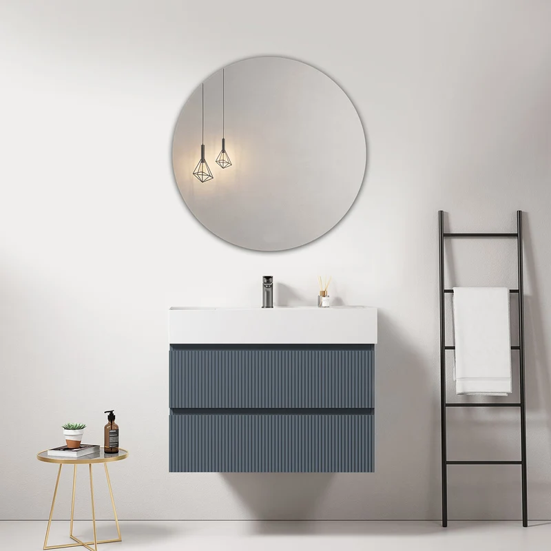 Mobile bagno sospeso cannettato 80 cm Blu Mare Lavabo in Resina Specchio Tondo - Fiji Paint