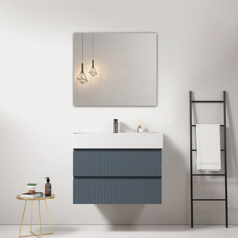 Mobile bagno sospeso cannettato 80 cm Blu Mare Lavabo in Resina Specchio Quadro - Fiji Paint