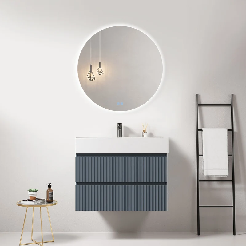 Mobile bagno sospeso cannettato 80 cm Blu Mare Lavabo in Resina Specchio Tondo Retroilluminato - Fiji Paint
