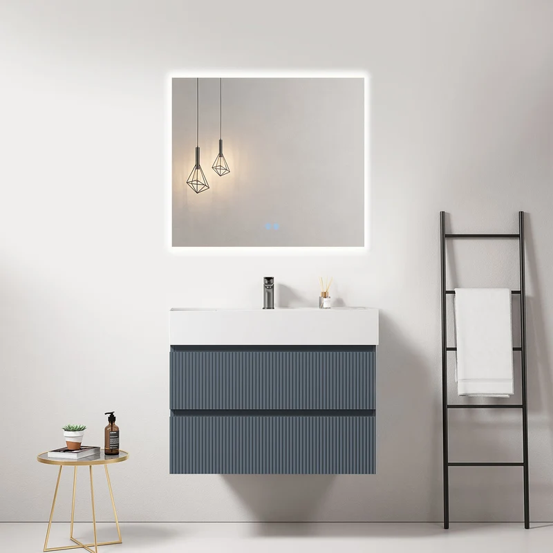 Mobile bagno sospeso cannettato 80 cm Blu Mare Lavabo in Resina Specchio Quadro Retroilluminato - Fiji Paint